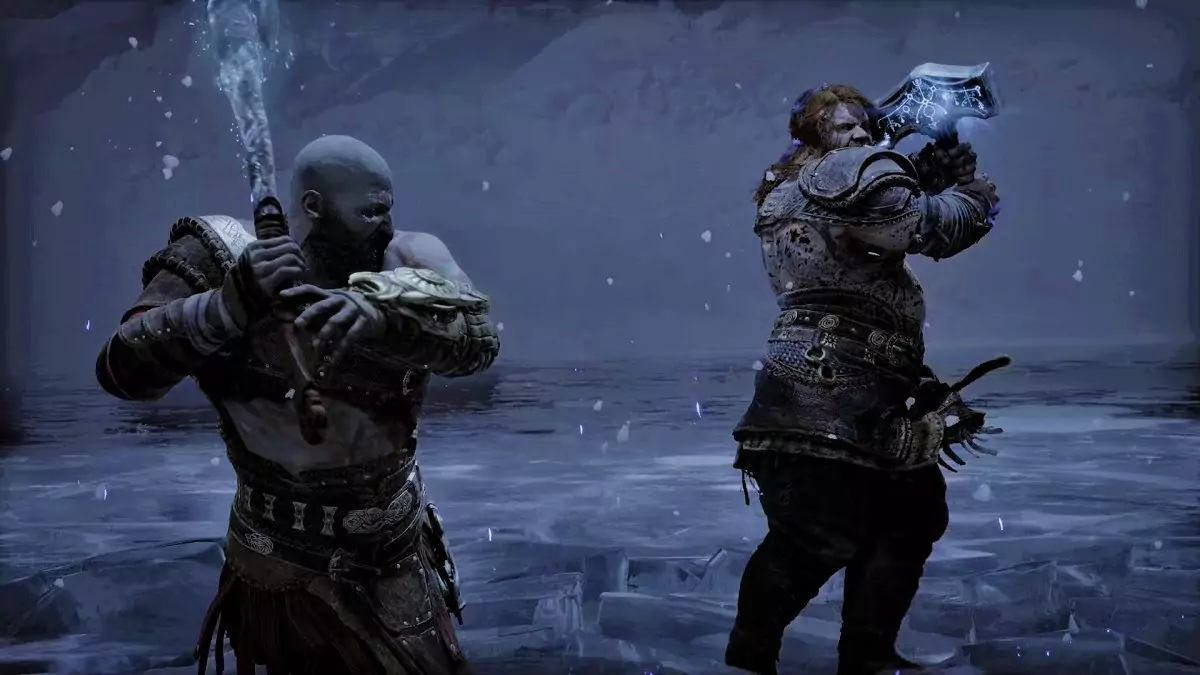 Kratos and Thor fighting in God of War Ragnarok.