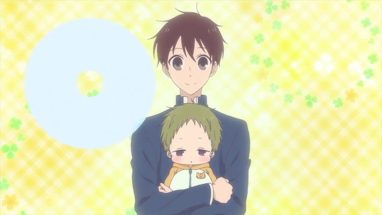 A main character from the School Babysitters anime series holding a baby.