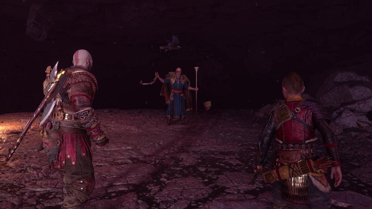 Kratos and Atreus fighting Odin.