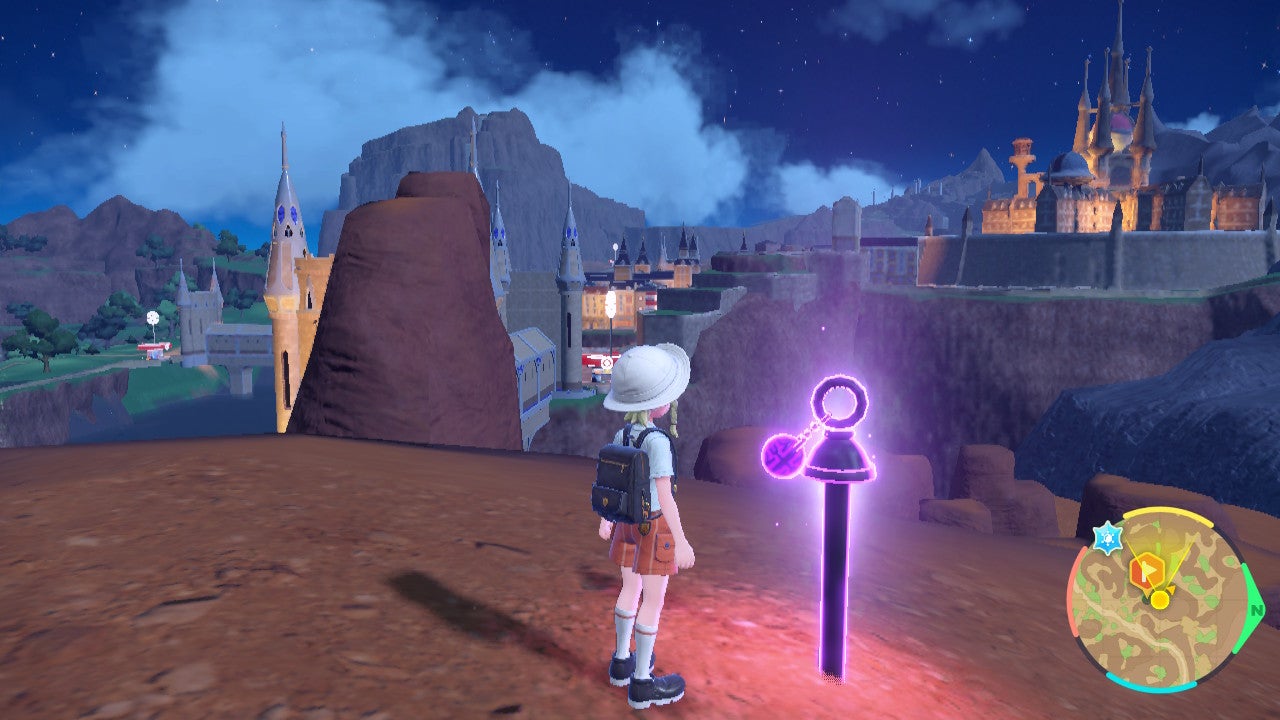 Character standing near Purple Stake six.