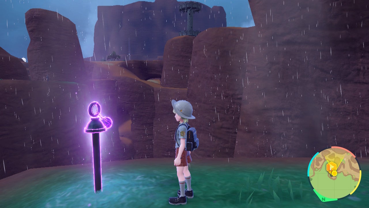 Character standing near Purple Stake eight.