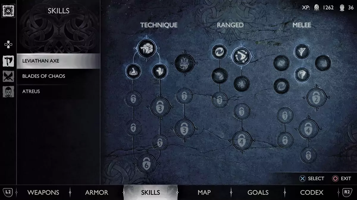 Kratos' skill tree in God of War Ragnarok.