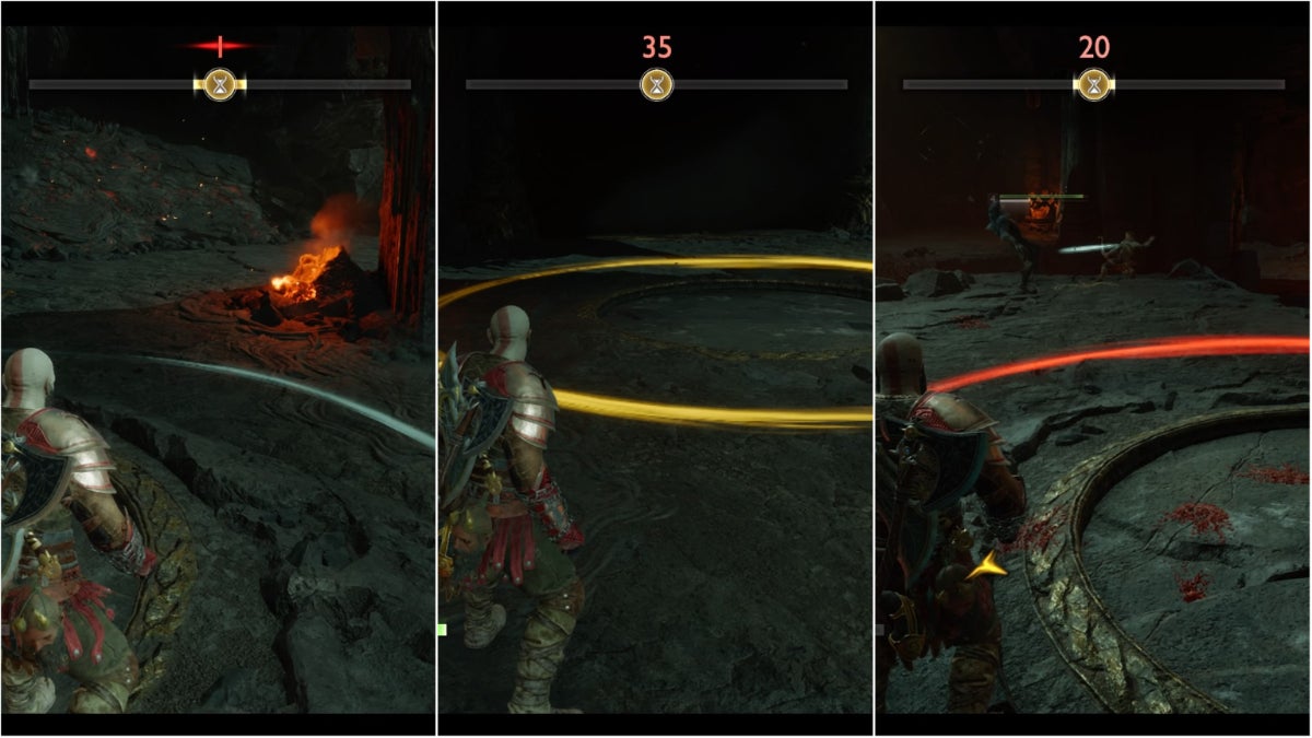 The three variations of ring colors in the King of the Hill trial: white, yellow, and red.