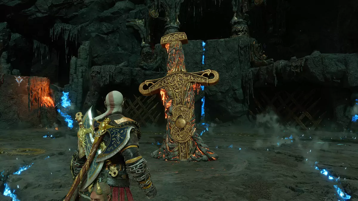 Kratos standing next to the giant sword in The Crucible.