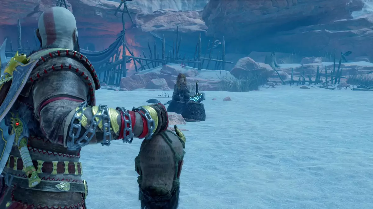 Kratos and Mimir looking at Thrud and Mjolnir.