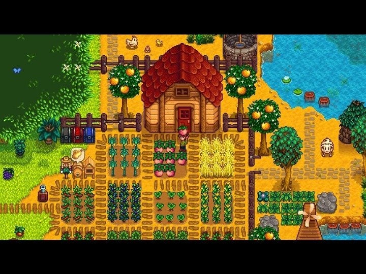 A typical farm in Stardew Valley.
