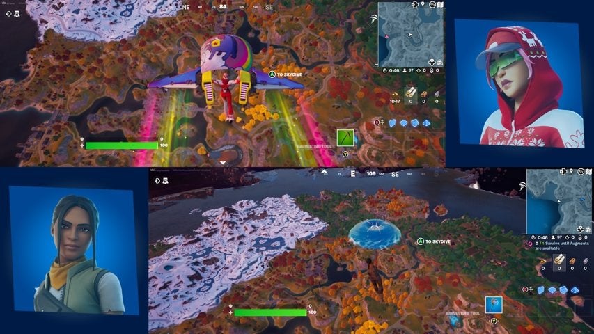 Split-screen gameplay in Fortnite.