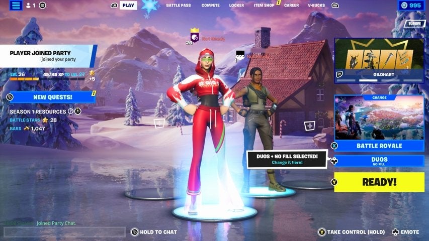 Two players in the main Fortnite lobby.