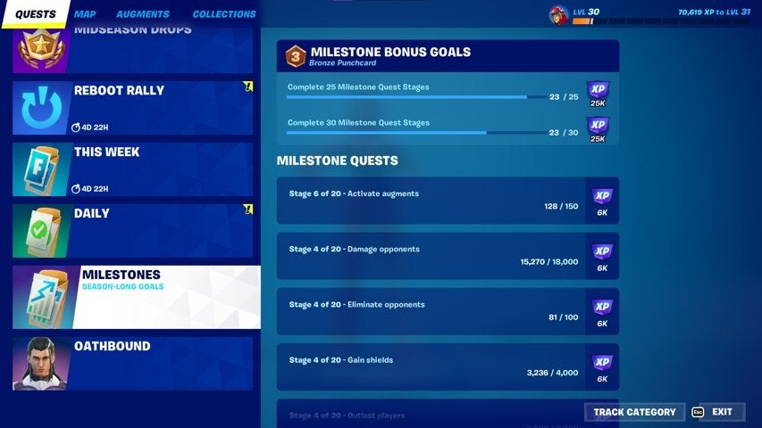 The milestone quests screen listed in Fortnite