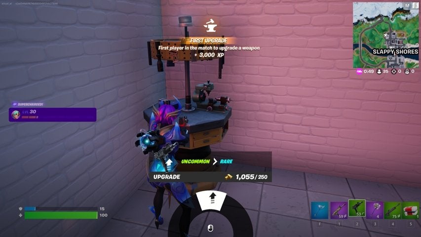 A character using the weapons upgrade station in Fortnite.