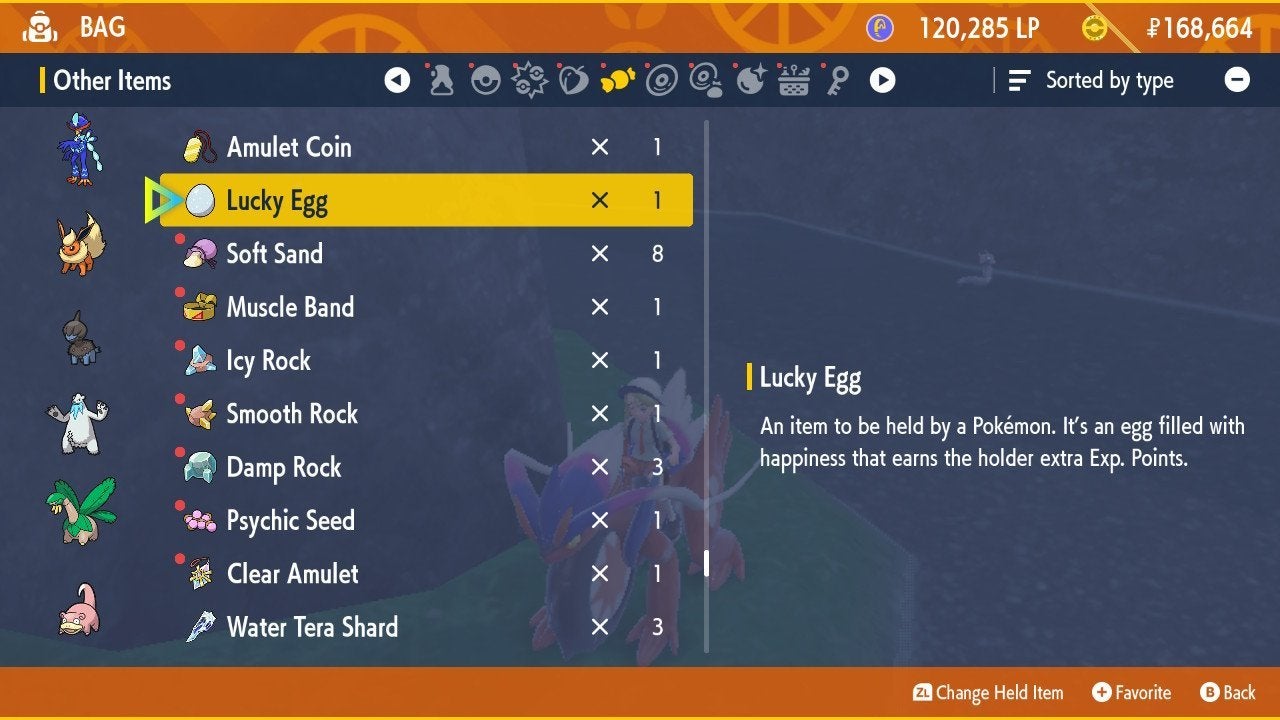 Lucky Egg highlighted in the inventory.