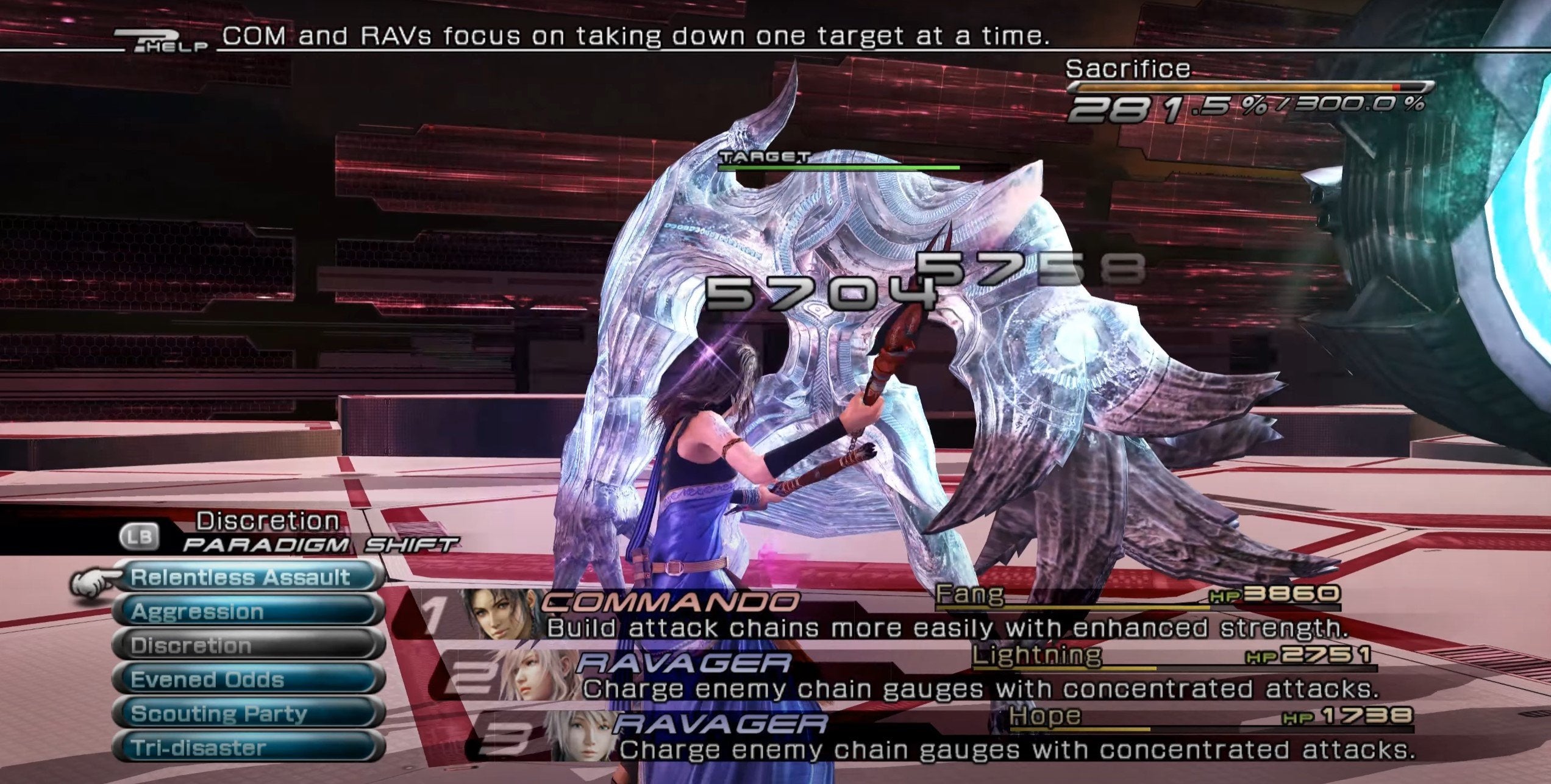 Fang during a battle in Final Fantasy XIII. 