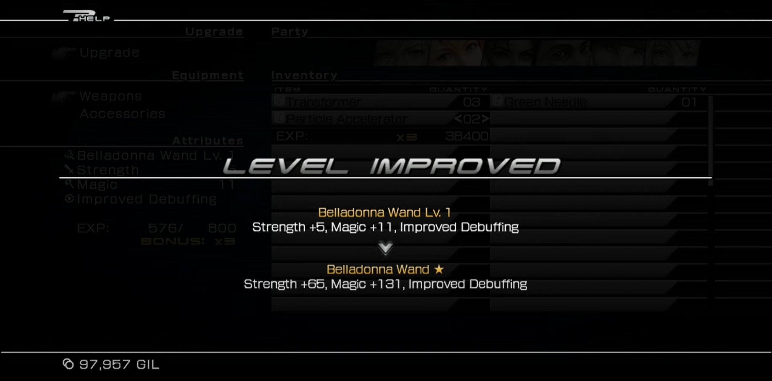 The results screen for upgrading equipment in Final Fantasy XIII.