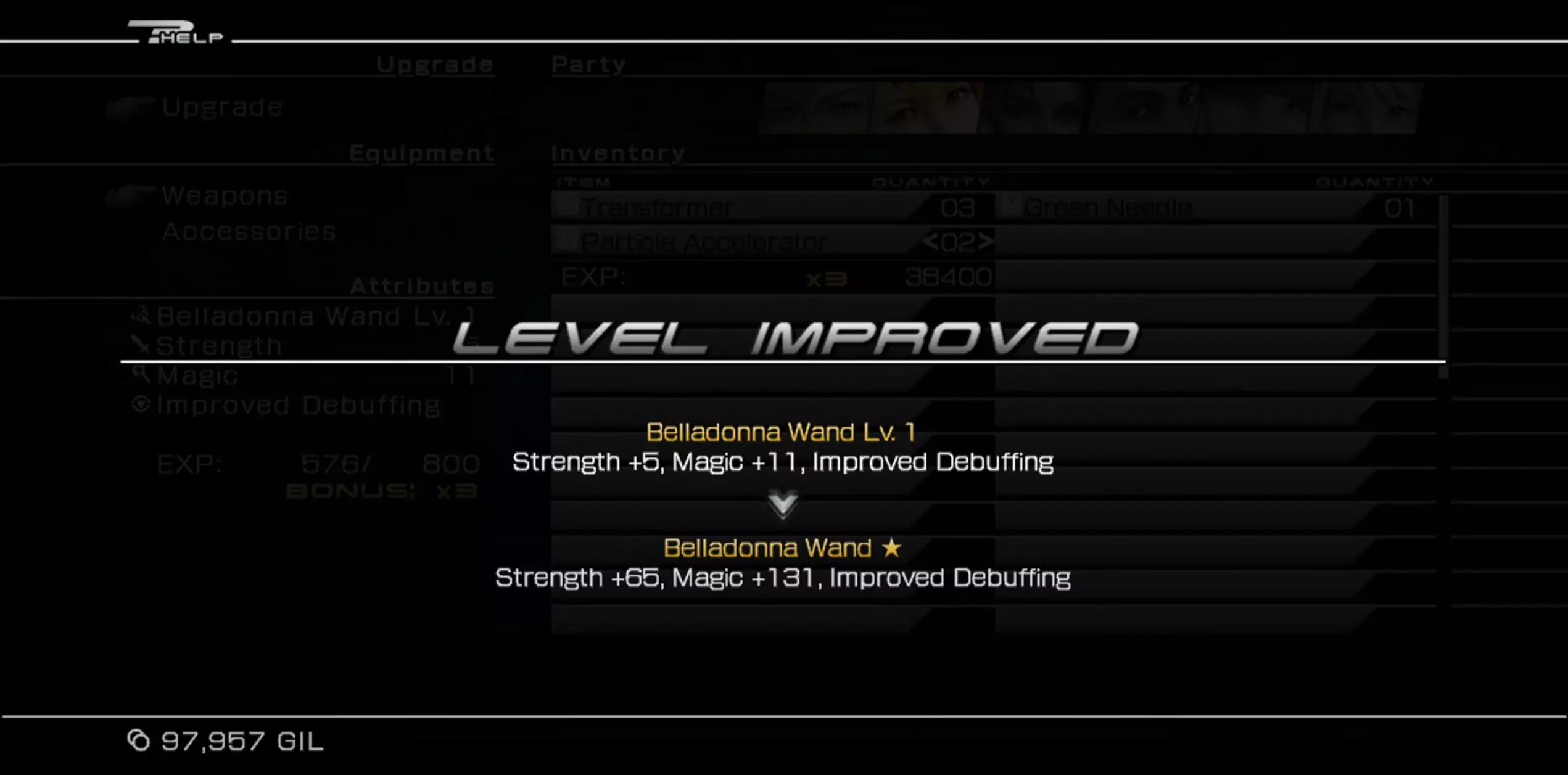 The results screen for upgrading equipment in Final Fantasy XIII.