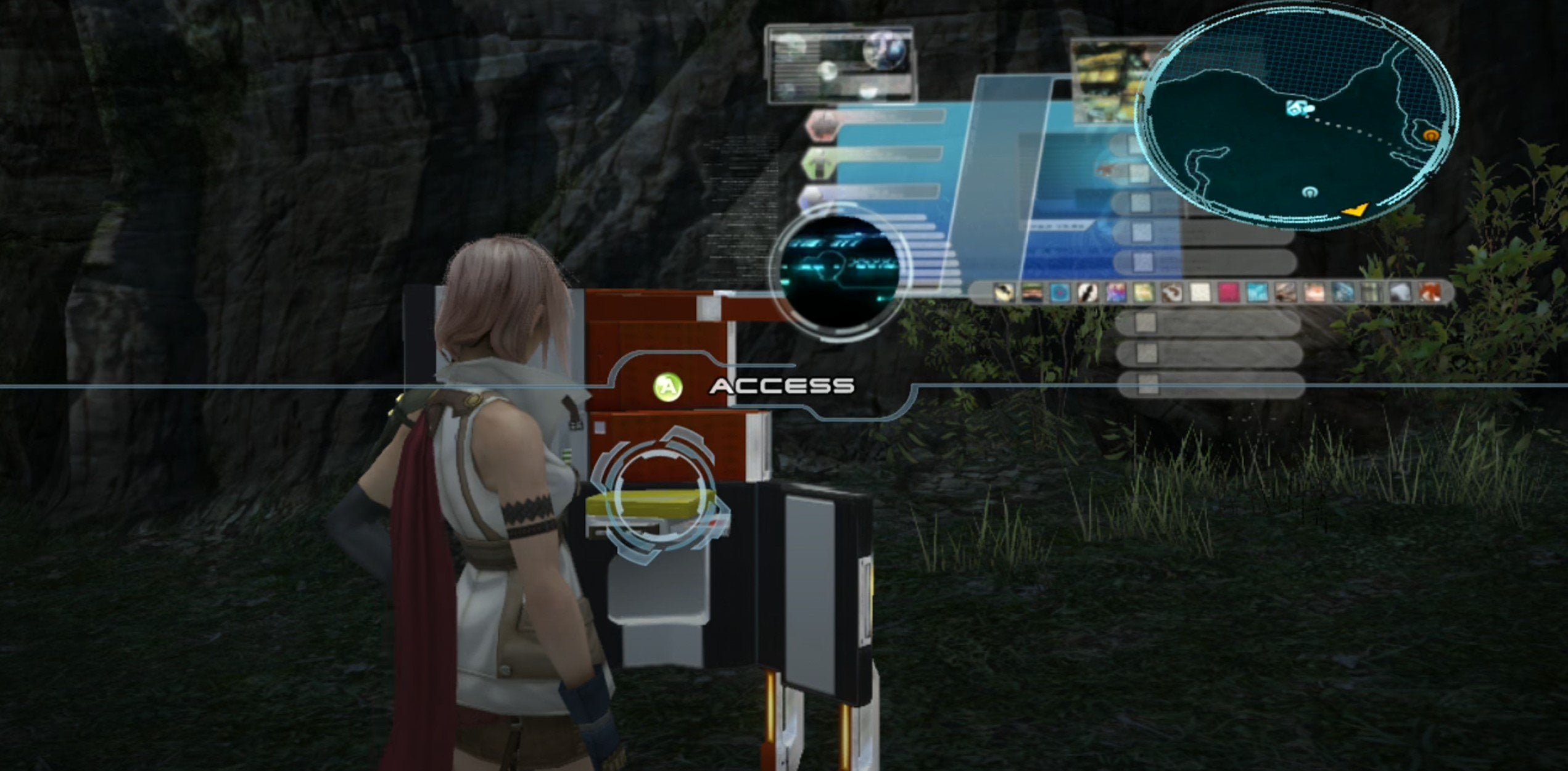 Lightning at a save spot and shop in Final Fantasy XIII. 