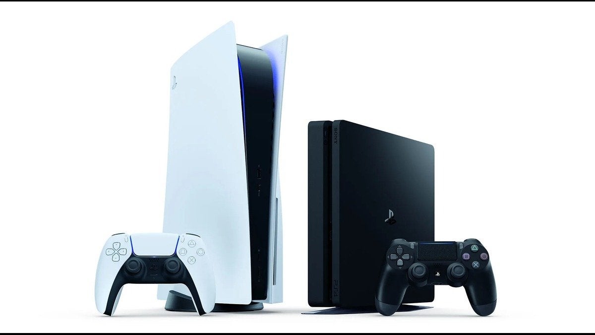 An image of the PlayStation 4 and PlayStation 5, along with each console's respective controller.