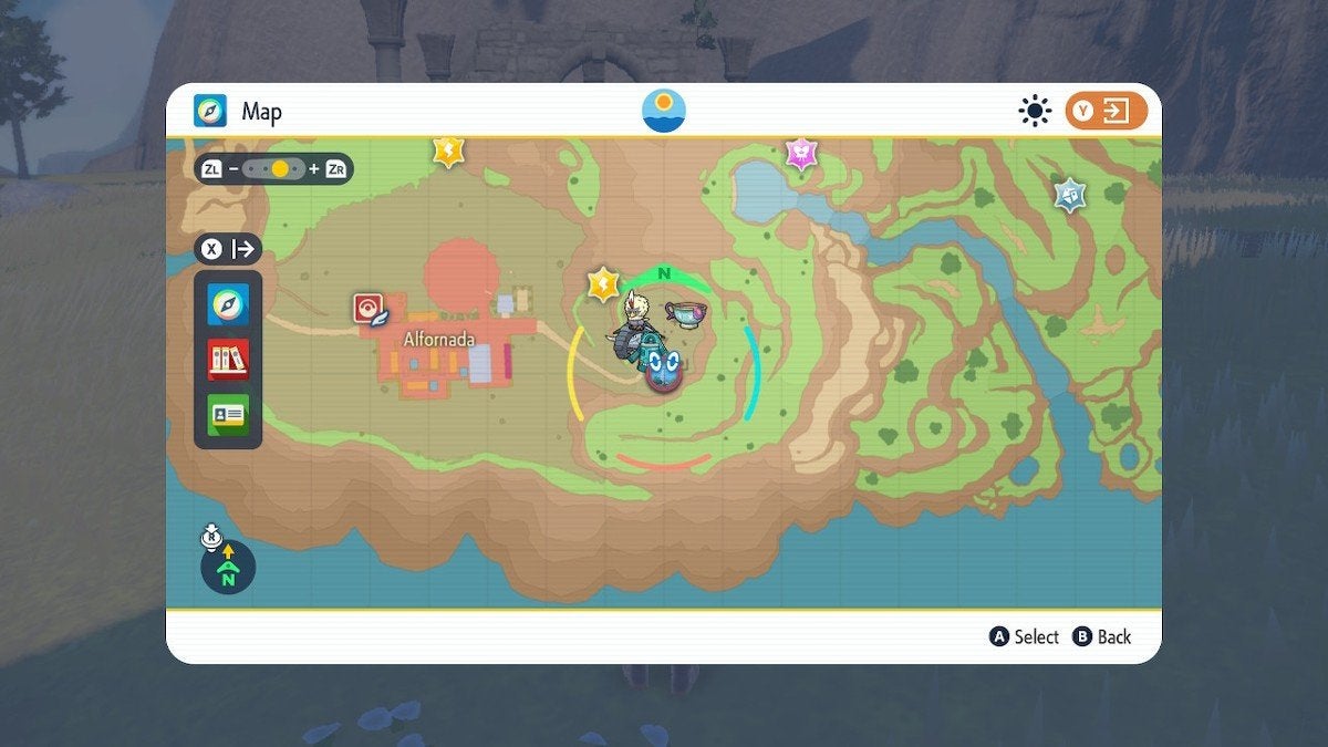Map view of Sinistea and some other Pokémon spawning in the ruins east of Alfornada.