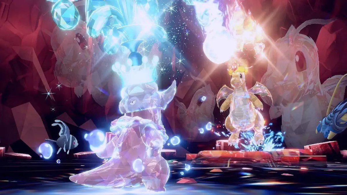 Slowking in a Tera Raid Battle against a Dragonite Raid Boss.