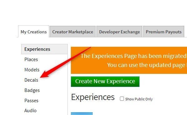 The Decals tab in the My Creations menu.