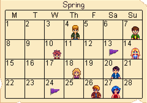 The Spring calendar in Stardew Valley.