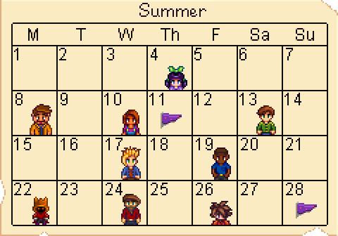 The Summer calendar in Stardew Valley.