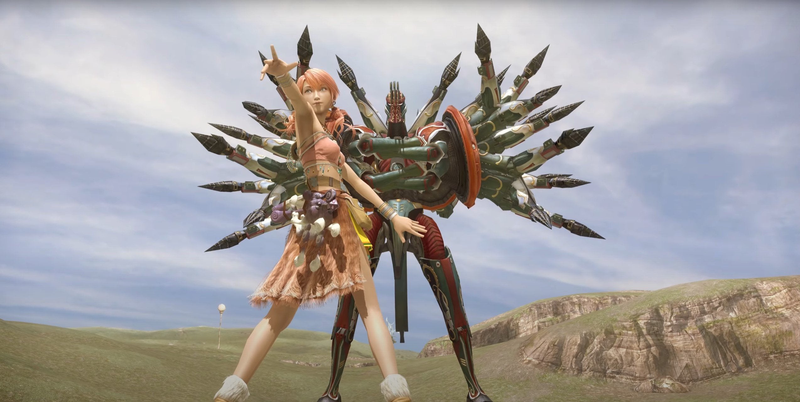 A screenshot of Vanille and her summon from FInal Fantasy XIII. 