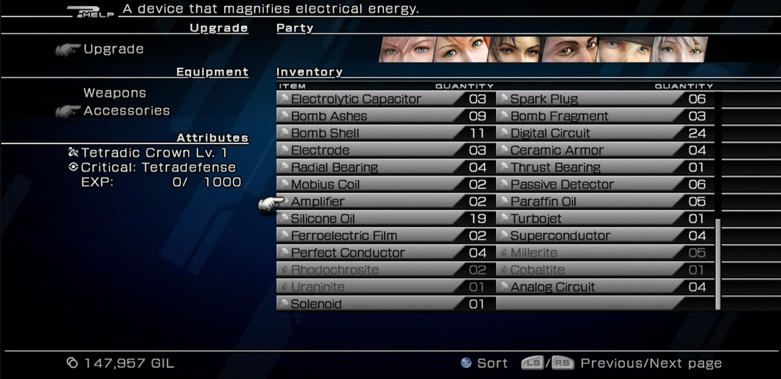 The equipment upgrade screen in Final Fantasy XIII.