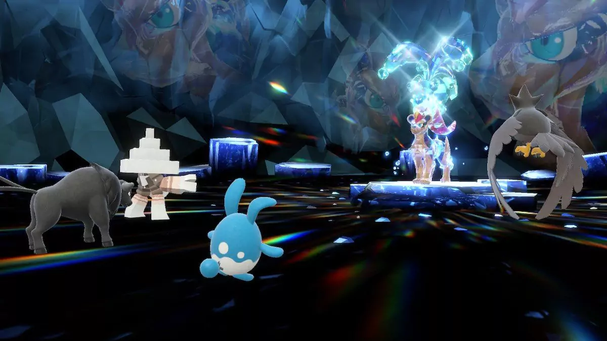 Azumarill as the player's partner in a Tera Raid Battle where the Raid Boss is a female Pyroar.