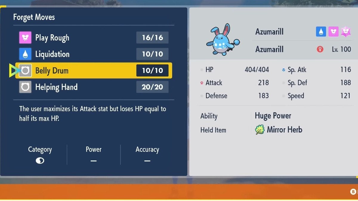 A menu view of an Azumarill's moveset with Belly Drum as the third move.