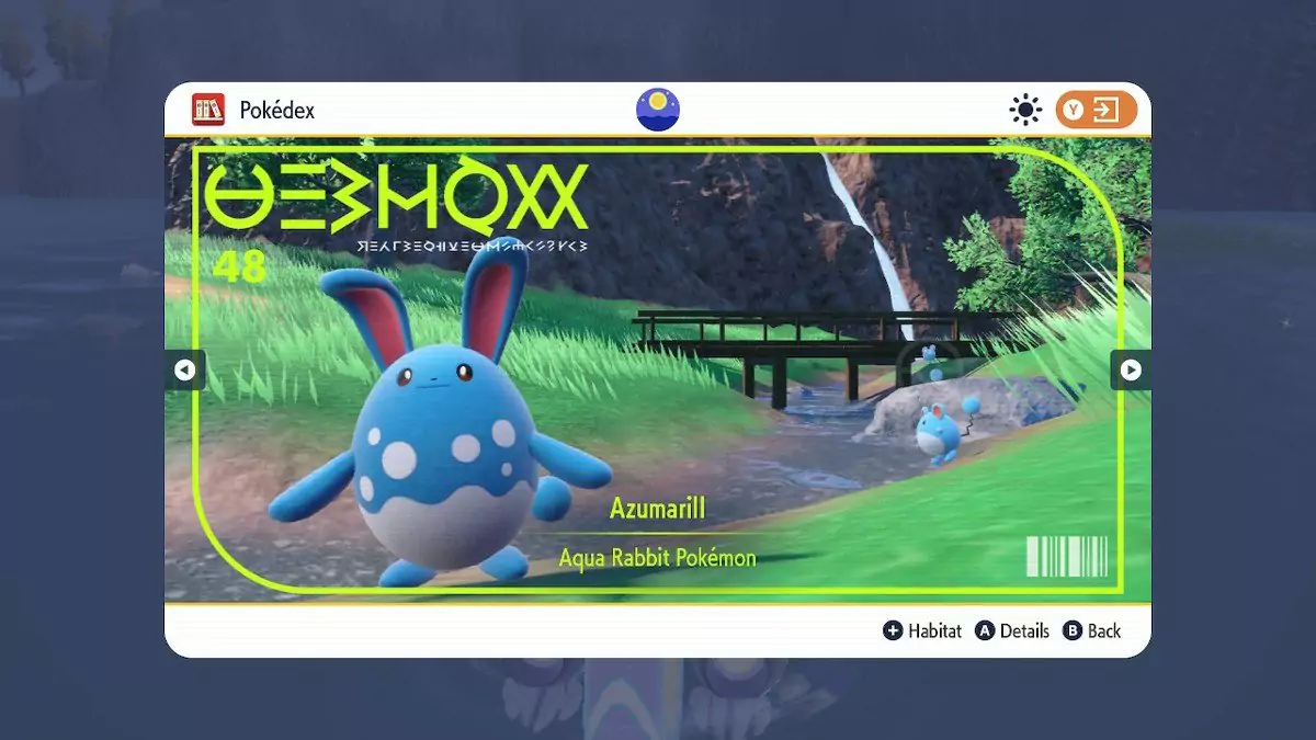 An Azumarill standing near a bridge that crosses over a shallow river.