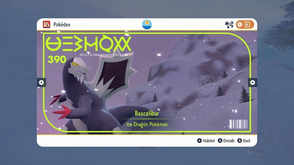 Baxcalibur in a snowy landscape on a Pokédex ID card.
