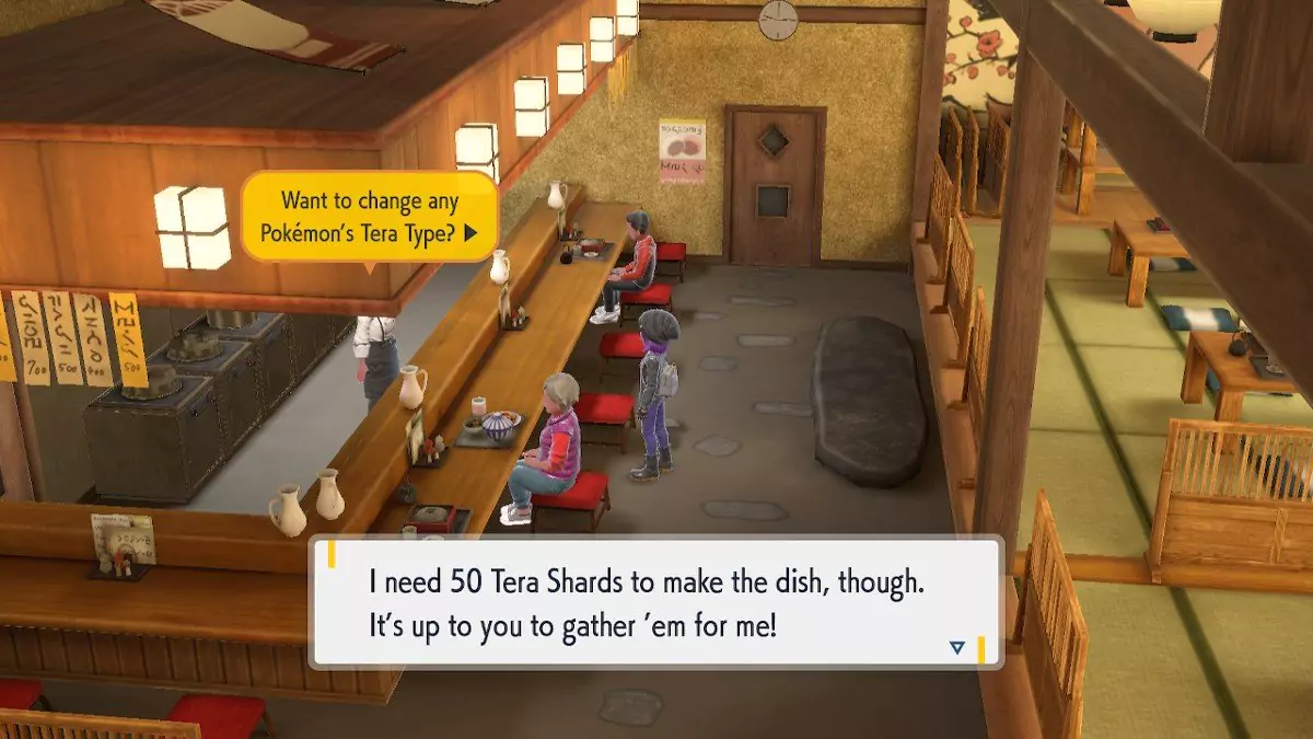 The chef of the Treasure Eatery telling the player the price for tera type changes.