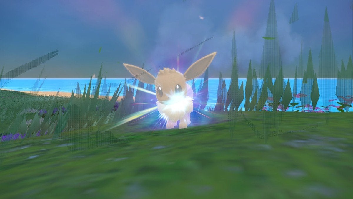 An Eevee evolving and giving off a bright light.