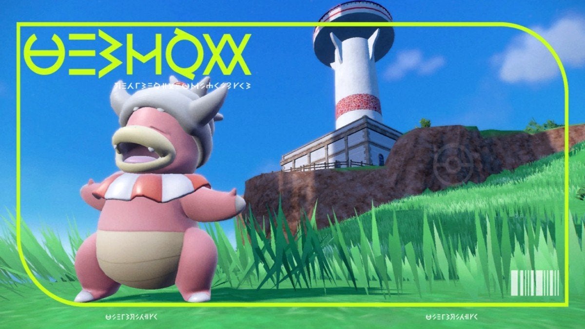 Slowking relaxing in a green field by a lighthouse.