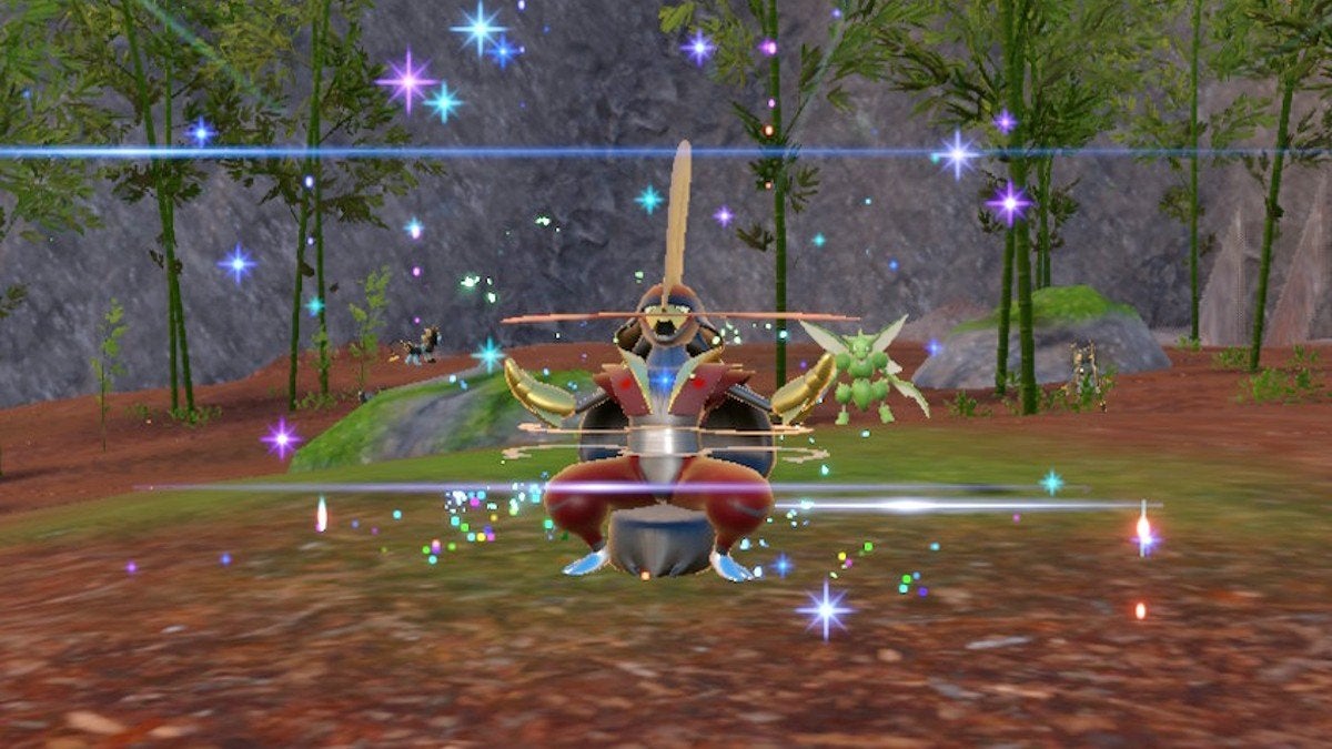 A Kingambit posing after it just evolved. There are brightly colored sparks around it.