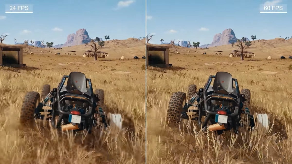 The left shows an blurry car driving through a field while the right shows a crisp car driving through a field.