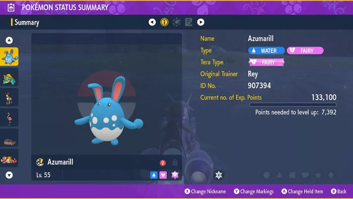 A female Azumarill in the summary menu.