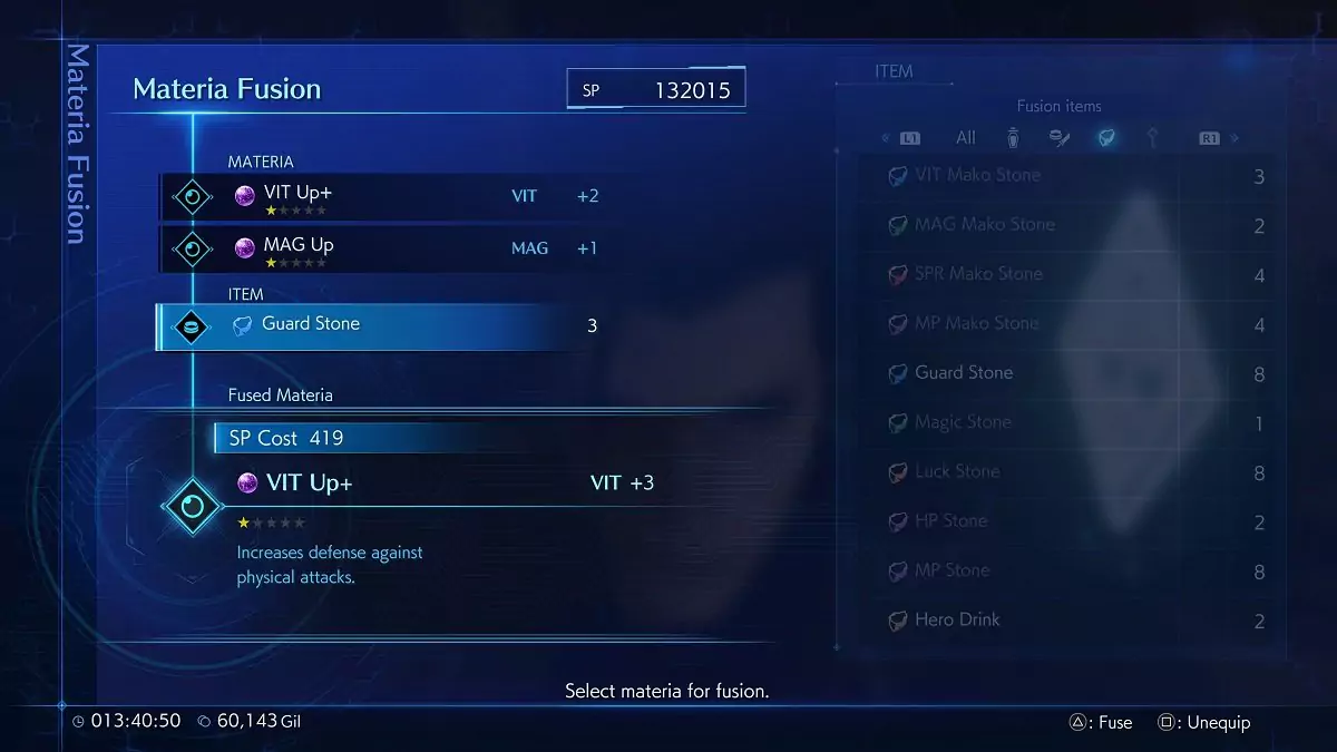 Using a Fusion Item while fusing Materia in Crisis Core: Final Fantasy VII Reunion.