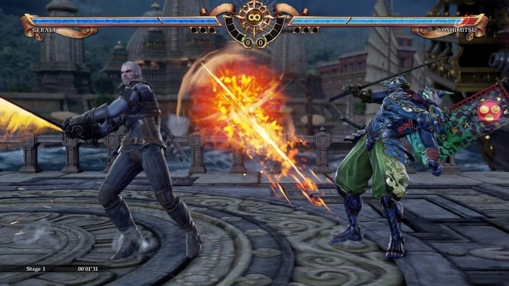 Geralt of Rivia fighting Yoshimitsu in Soul Calibur 6.