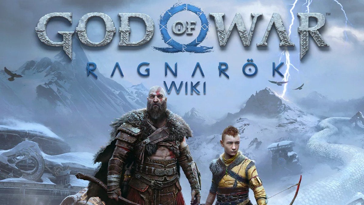 Kratos and Atreus standing in Midgard with the title text over their heads.