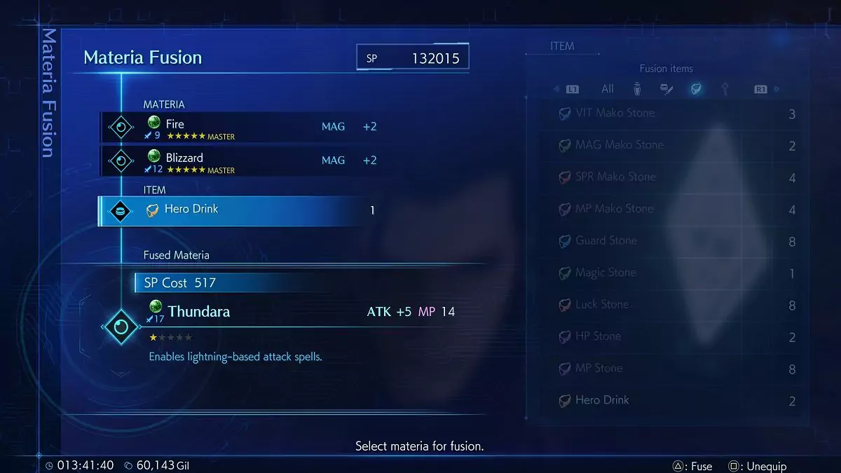 Using a Hero Drink while fusing Materia,