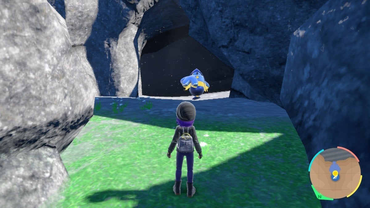 A player finding a cave entrance just beyond a small rocky path.