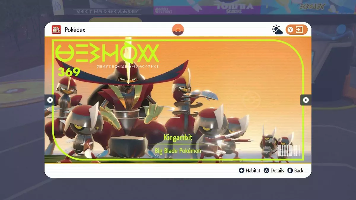 Kingambit's Id card for the Pokédex which shows one posing with Bisharps and Pawniards.