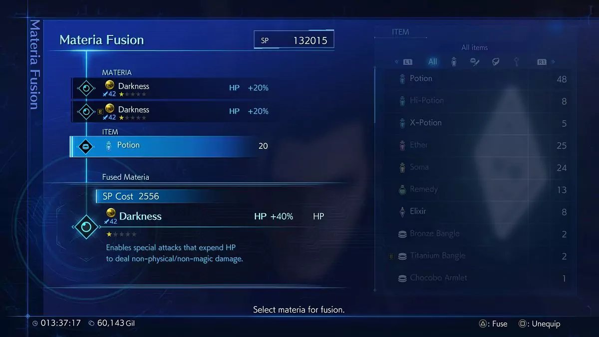 Using a Consumable while fusing Materia in Crisis Core: Final Fantasy VII Reunion.