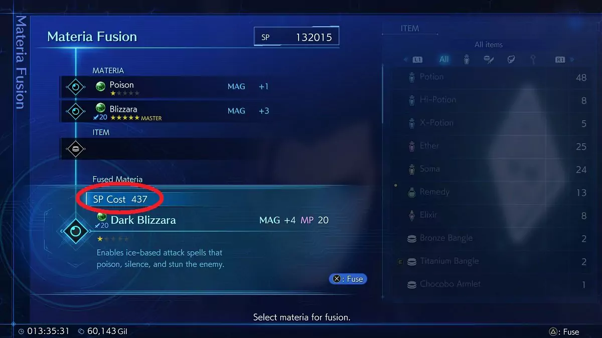 Highlighting the SP cost of Materia Fusion.