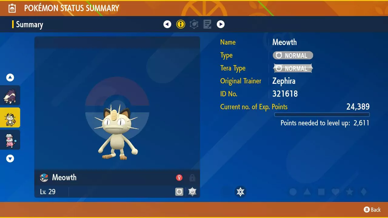 Screen showing Meowth's stats.
