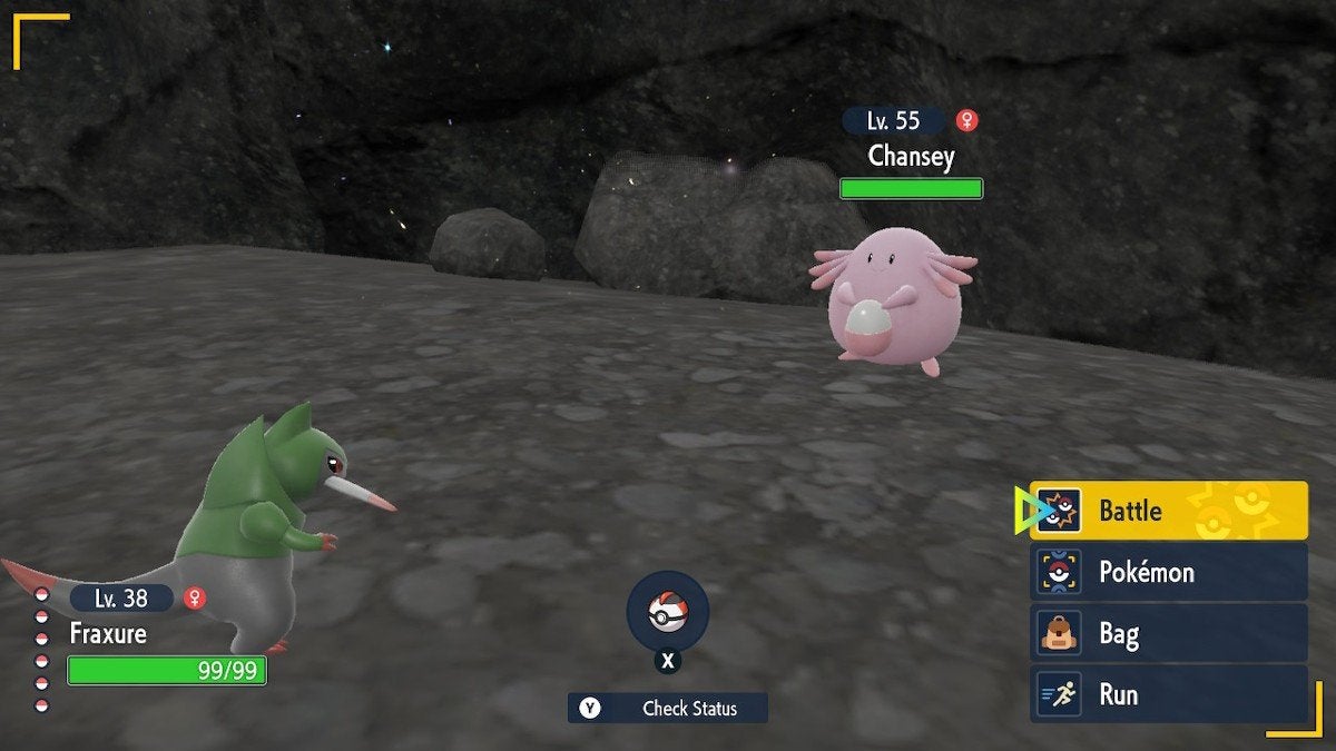 A player battling a Chansey with a Fraxure.