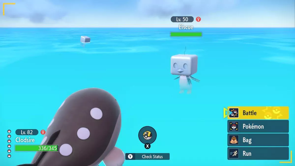 A player battling a wild Eiscue with a Clodsire.