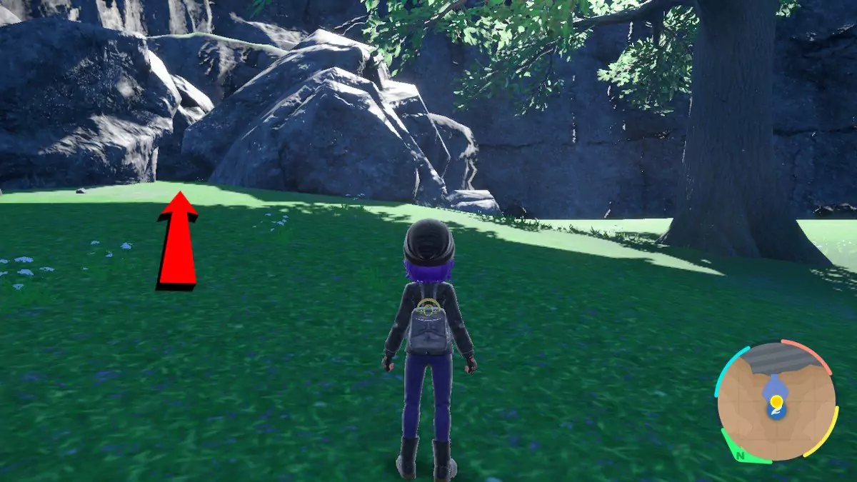 A red arrow pointing to a hidden cave entrance near a tree.