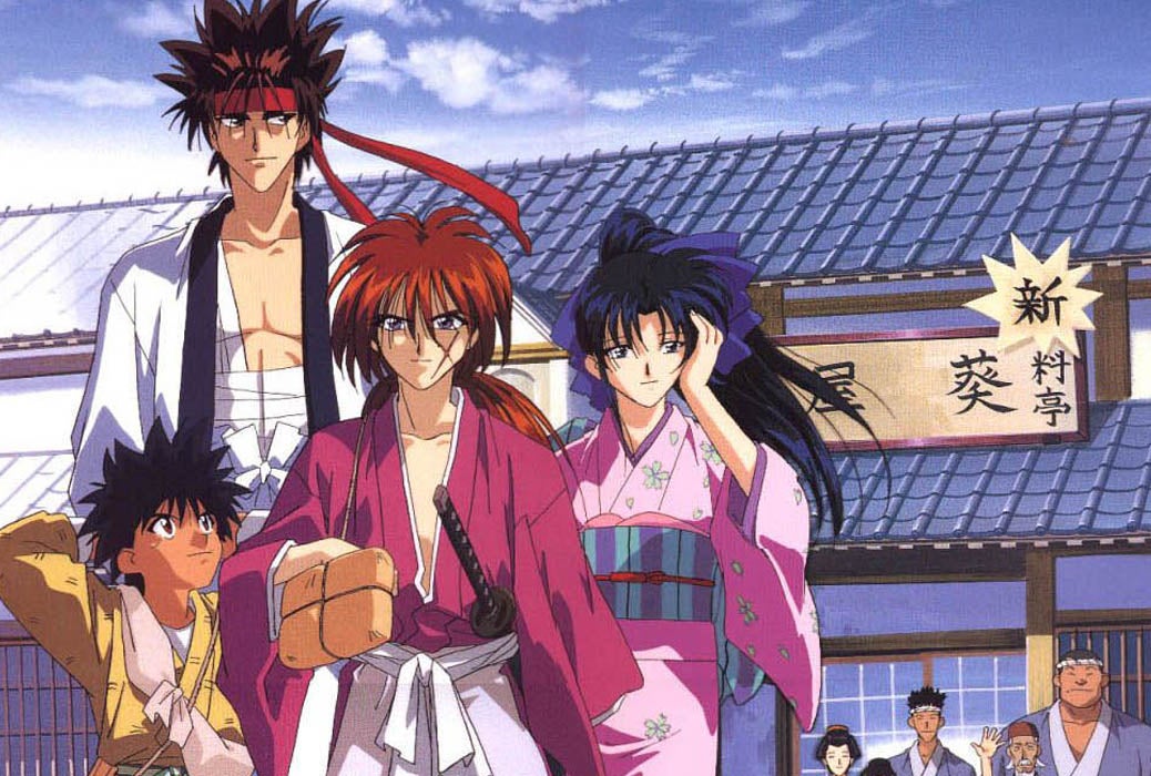 Kenshin, Kaoru, Yahiko, and Sanosuke from the Rurouni Kenshin anime series.
